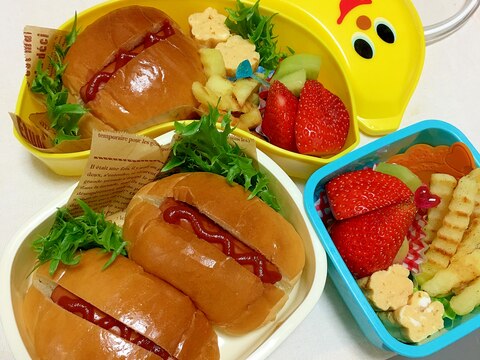 ミニドックとお花玉子と焼きポテトの幼稚園児弁当♡